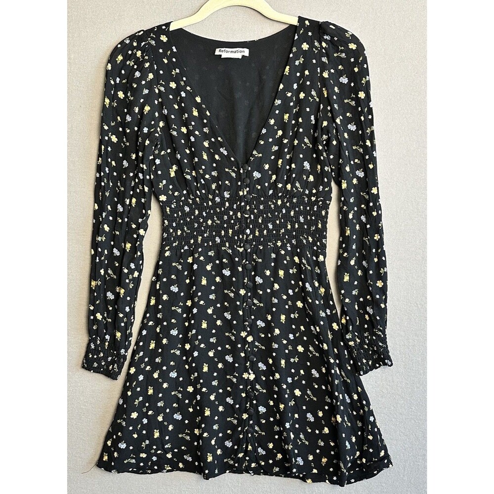 Reformation Black Floral Mini Dress Smock Waist Sz 0 Dark Romantic Coquette Boho